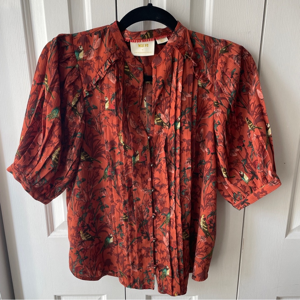 Anthropologie Maeve Liliana Pleated Short Sleeve Buttondown Top